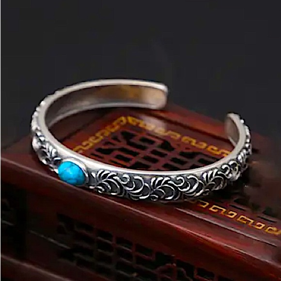 Sterling Silver Turquoise Engraved Bangle Cuff Vintage Bracelet - Picture 8 of 9